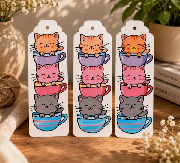 Cat_In_Cup_Illustrated_Paper_Bookmark_Set_Of_3
