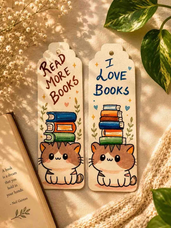 Cat_And_Books_Illustrated_Paper_Bookmark