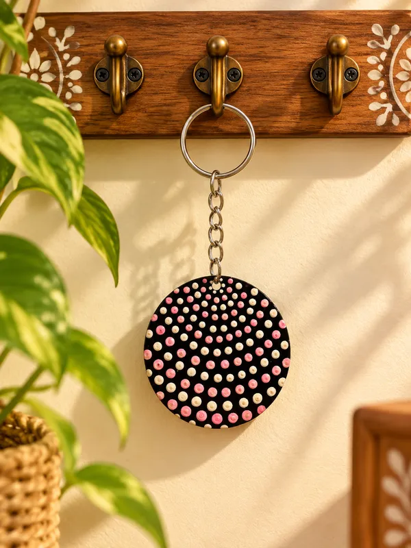 White_Pink_Dot_Pattern_Round_Keychain_