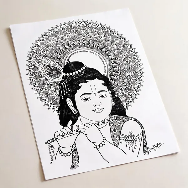 Paper_Devotional_Krishna_Flute_Floral_Line_Art_Wall_Decor