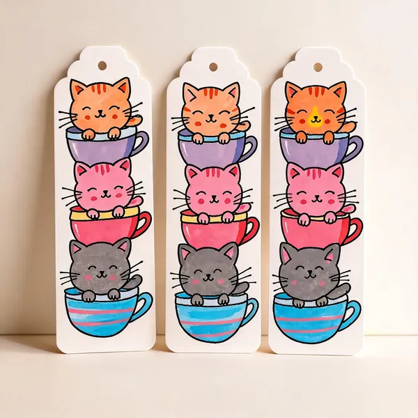 Cat_In_Cup_Illustrated_Paper_Bookmark_Set_Of_3