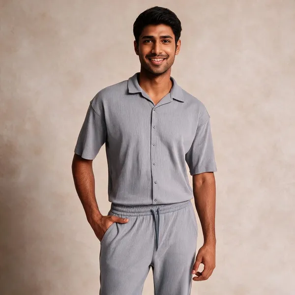 Light_Grey_Cotton_Spread_Collar_Half_Sleeve_Polo_T-Shirt_And_Pant_Combo
