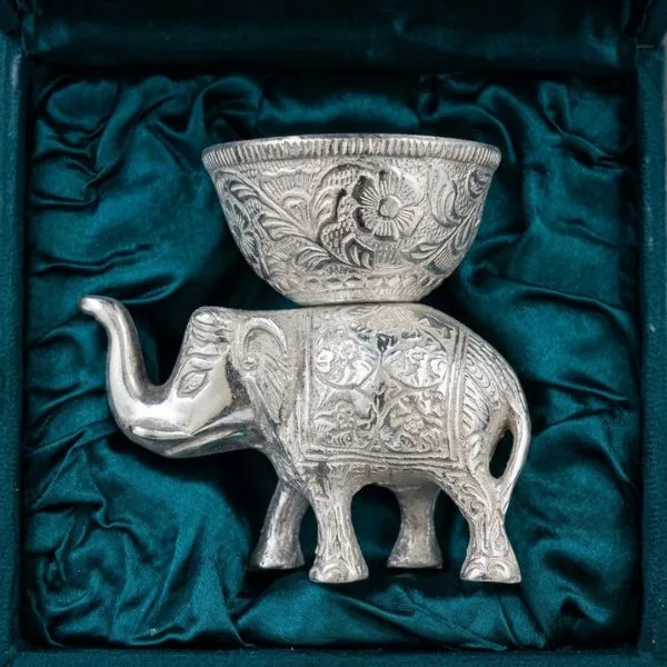 German_Silver_Decorative_Floral_Embossed_Elephant_Figurine_Bowl