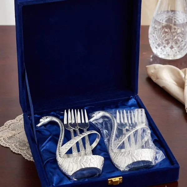 German_Silver_Art_Deco_Swan_Baby_Decorative_Spoon_Set_Of_2_With_Stand