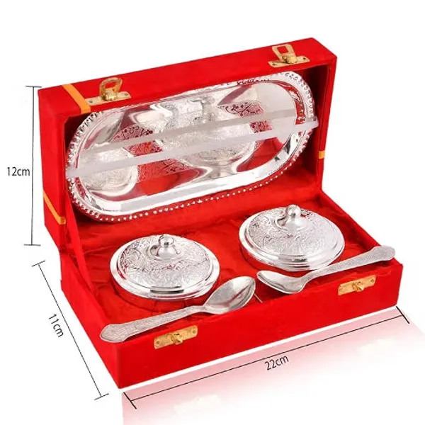 German_Silver_Modern_Plated_Bowl_Set_Of_5_With_Red_Velvet_Box