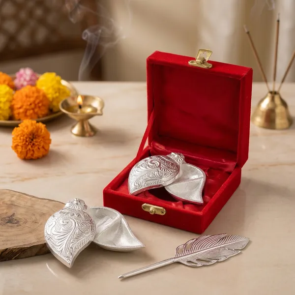 German_Silver_Festive_Peacock_Feather_Diya_Set_With_Gift_Box