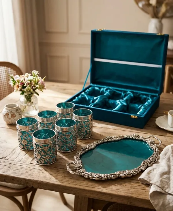 German_Silver_Floral_Glass_Set_Of_6_With_Gift_Box