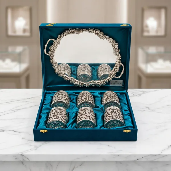 German_Silver_Floral_Glass_Set_Of_6_With_Gift_Box