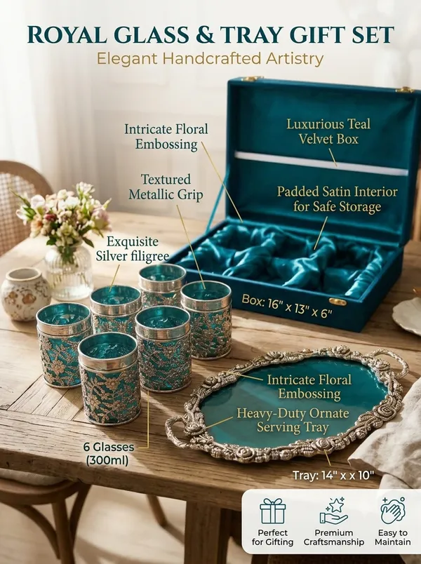 German_Silver_Floral_Glass_Set_Of_6_With_Gift_Box