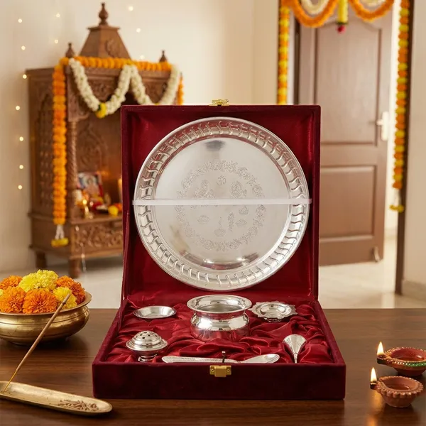 German_Silver_Festive_Pooja_Thali_Utensils_Gift_Set_Velvet_Box