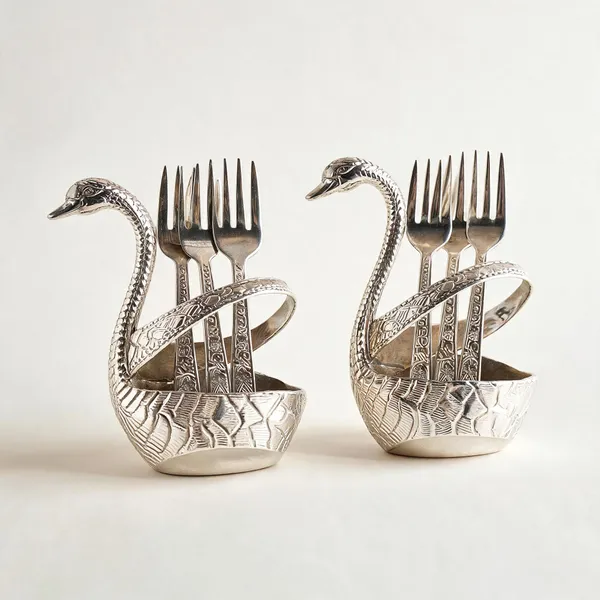 German_Silver_Art_Deco_Swan_Baby_Decorative_Spoon_Set_Of_2_With_Stand