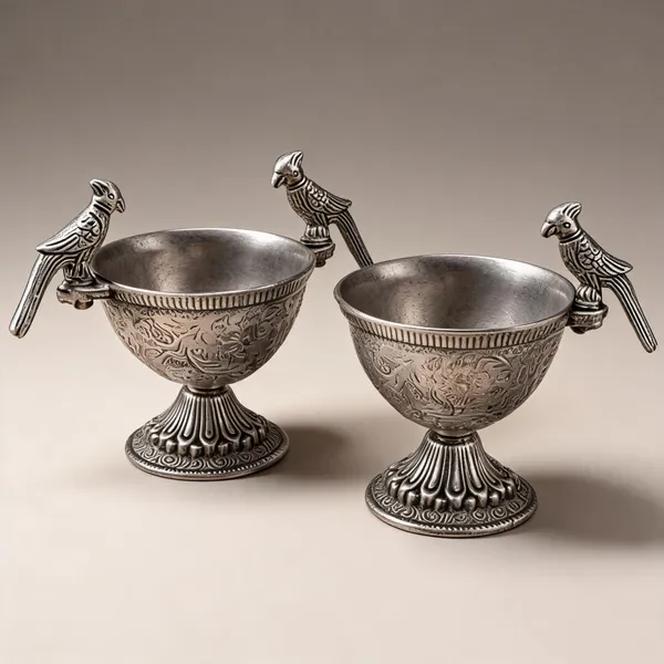 German_Silver_Antique_Parrot_Handle_Dry_Fruit_Serving_Bowl_Set_Of_2