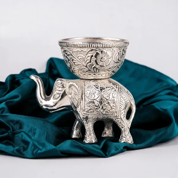 German_Silver_Decorative_Floral_Embossed_Elephant_Figurine_Bowl