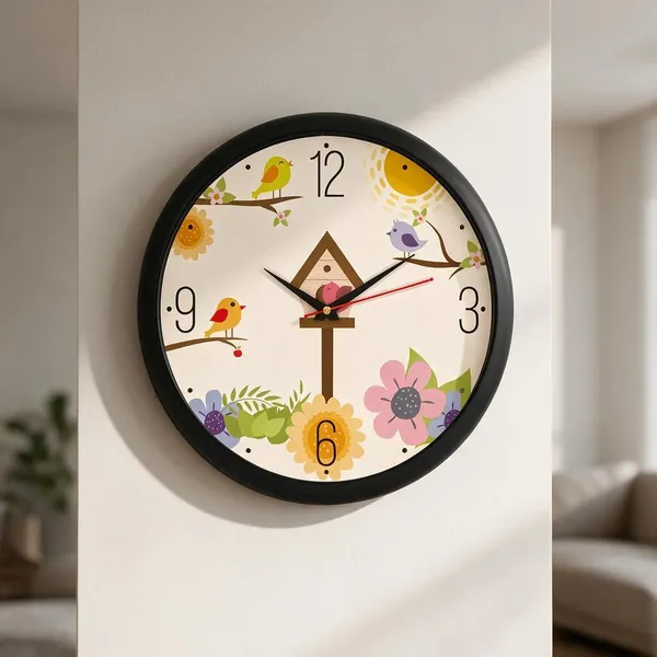 Plastic_Decorative_Floral_Bird_Print_Round_Analogue_Wall_Clock