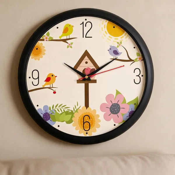 Plastic_Decorative_Floral_Bird_Print_Round_Analogue_Wall_Clock