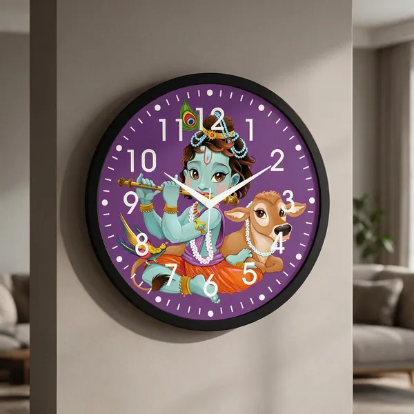 Plastic_Devotional_Krishna_Cow_Peacock_Purple_Print_Round_Analogue_Wall_Clock