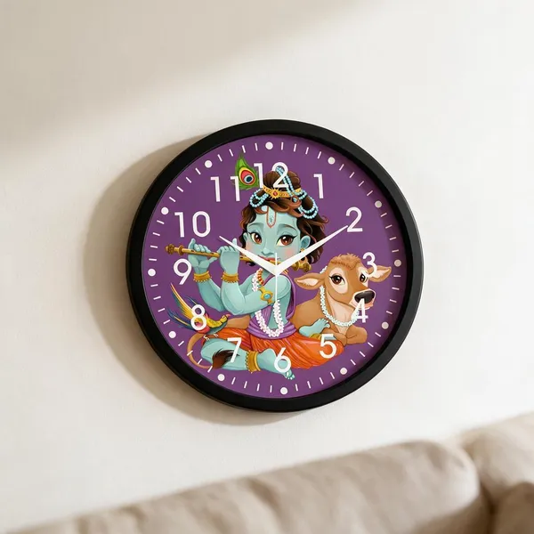 Plastic_Devotional_Krishna_Cow_Peacock_Purple_Print_Round_Analogue_Wall_Clock