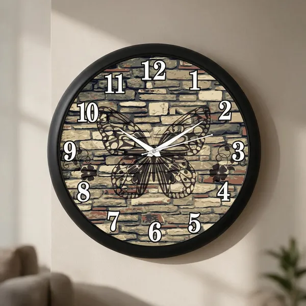 Plastic_Decorative_Butterfly_Brick_Print_Analogue_Round_Wall_Clock