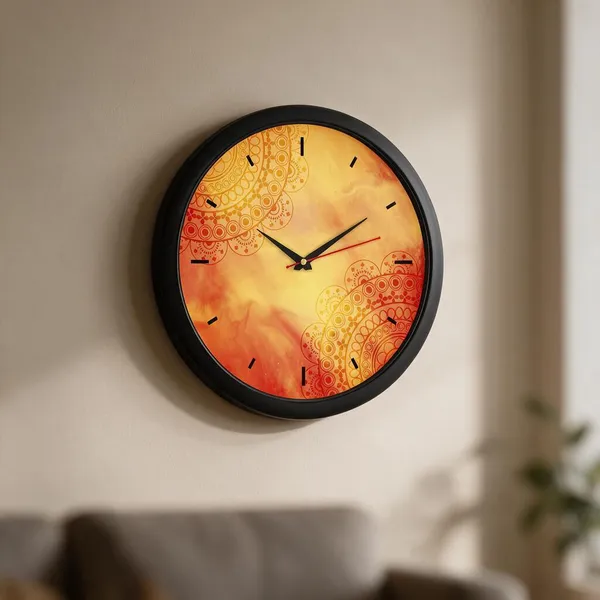 Plastic_Decorative_Mandala_Orange_Yellow_Print_Round_Analogue_Wall_Clock