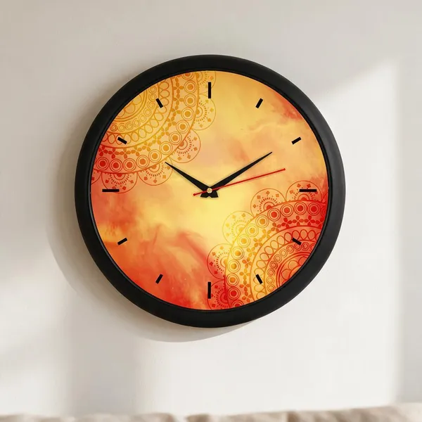 Plastic_Decorative_Mandala_Orange_Yellow_Print_Round_Analogue_Wall_Clock