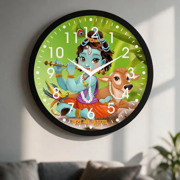 Plastic_Devotional_Krishna_Cow_Peacock_Print_Round_Analogue_Wall_Clock