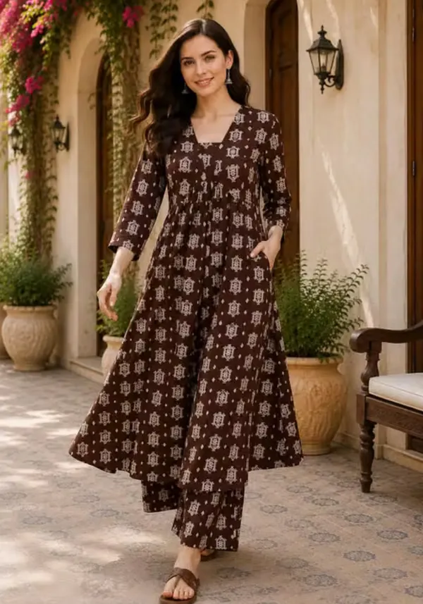 Brown_Printed_Cord_Set_For_Women