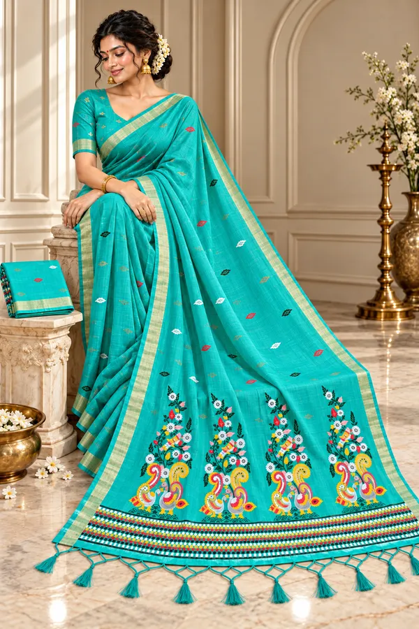 Turquoise_Printed_Saree_For_Women