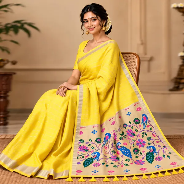 Yellow_Woven_Peacock_Print_Saree_For_Women