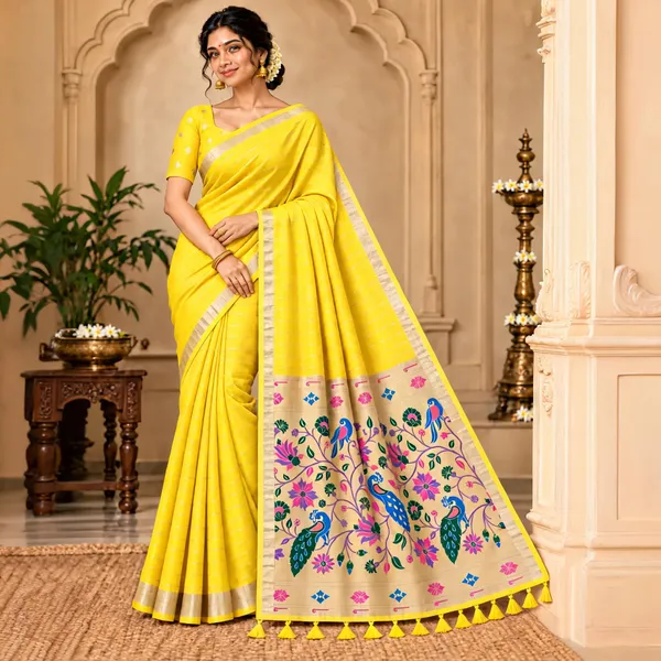 Yellow_Woven_Peacock_Print_Saree_For_Women