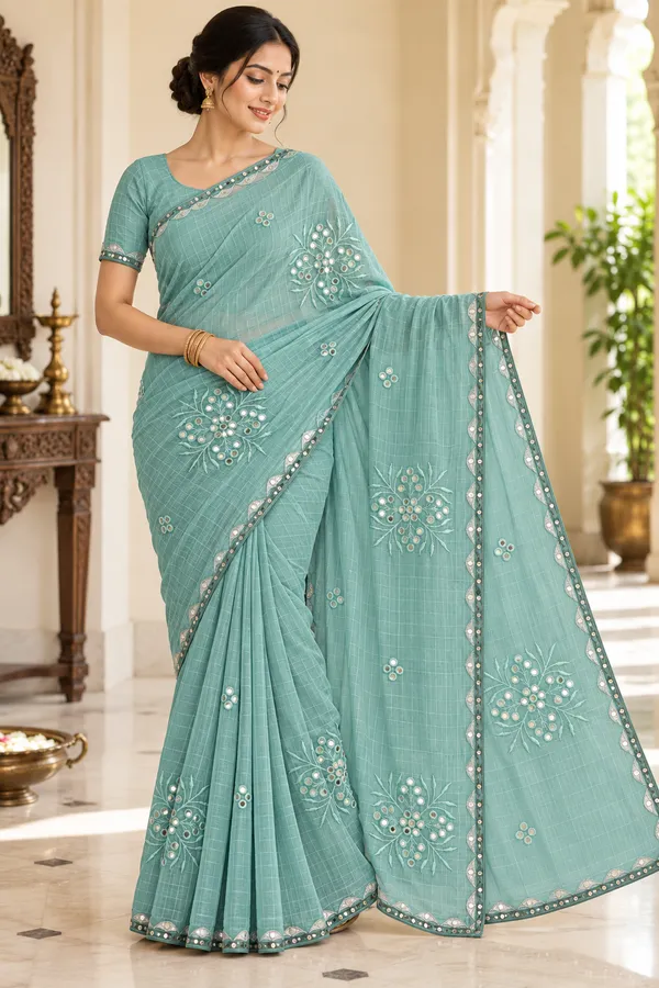 Aqua_Embroidered_Saree_For_Women