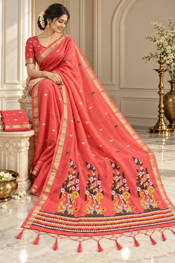 Coral_Printed_Saree_With_Gold_Border_For_Women