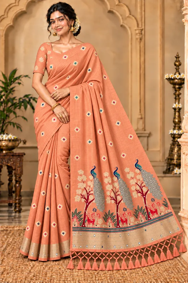 Peach_Patterned_Ethnic_Saree_For_Women