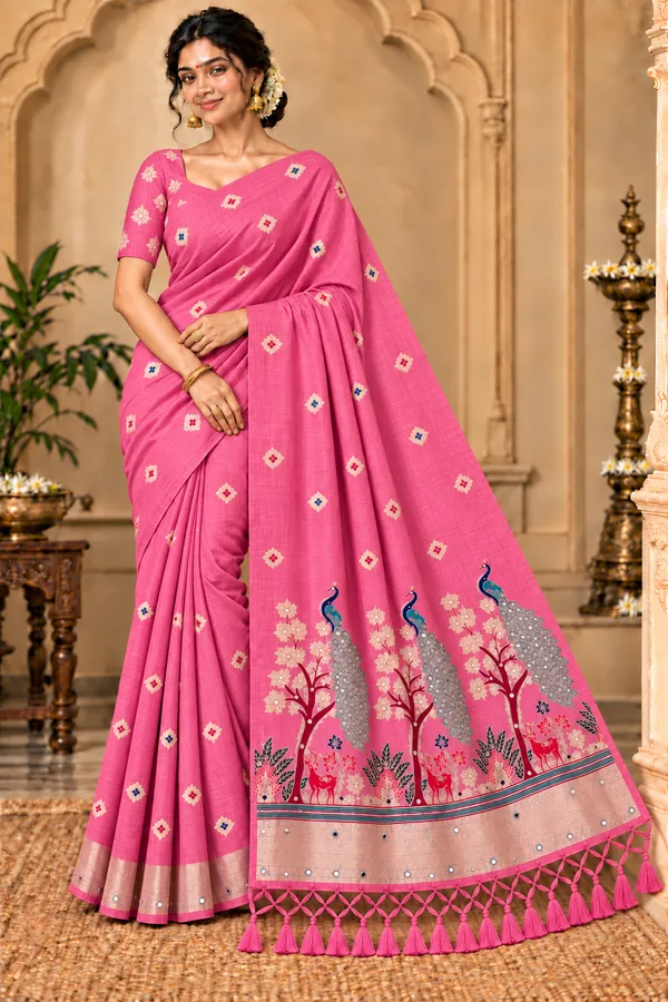 Pink_Printed_Saree_With_Peacock_Border_For_Women