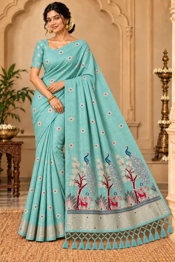 Blue_Printed_Peacock_Border_Saree_For_Women