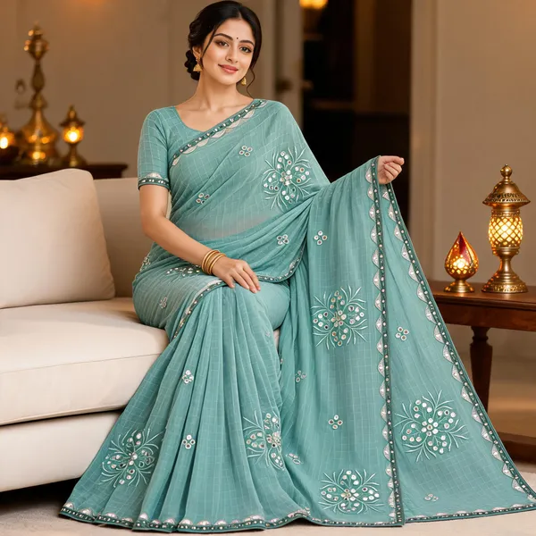 Aqua_Embroidered_Saree_For_Women
