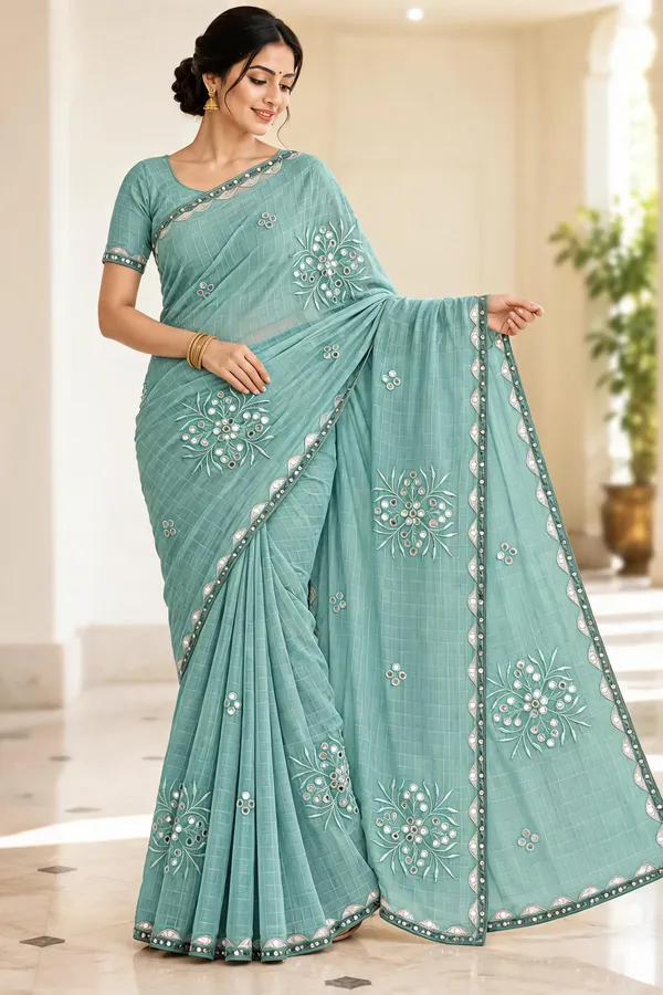 Aqua_Embroidered_Saree_For_Women