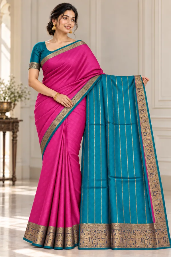 Pink_Teal_Border_Saree_For_Women