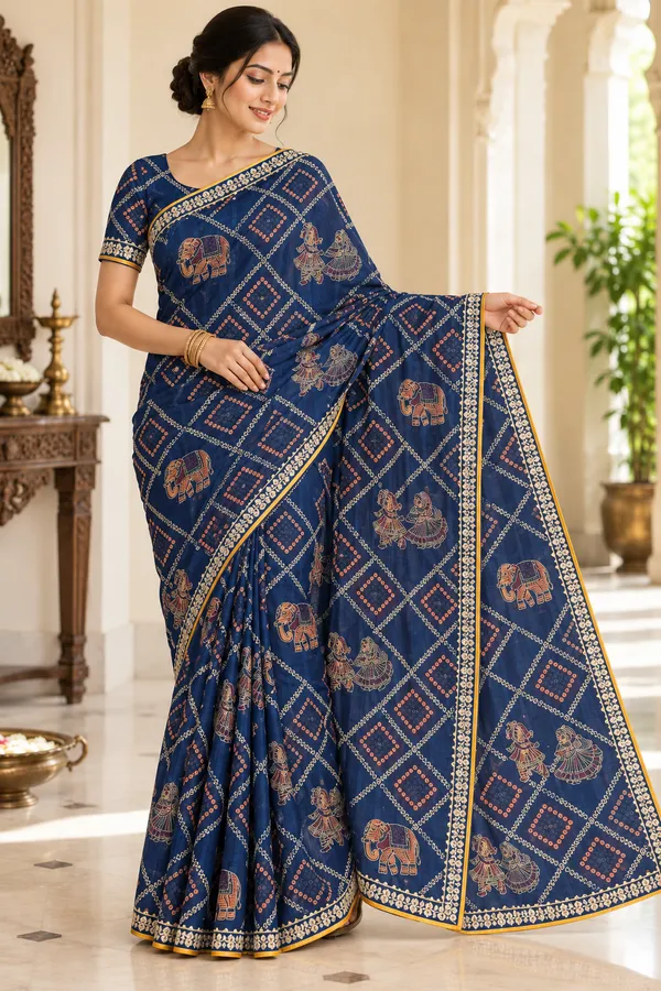 Blue_Traditional_Print_Saree_For_Women