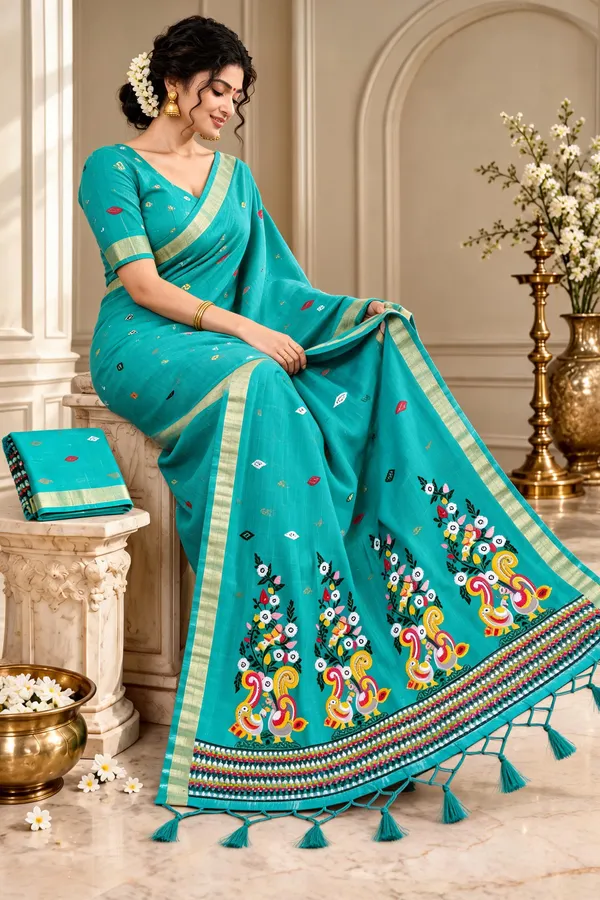 Turquoise_Printed_Saree_For_Women