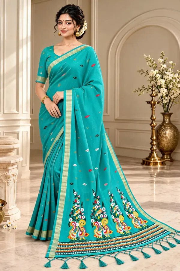 Turquoise_Printed_Saree_For_Women