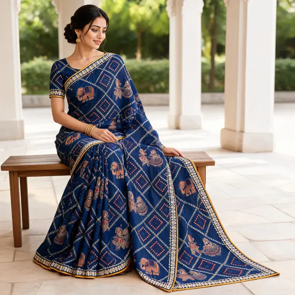 Blue_Traditional_Print_Saree_For_Women
