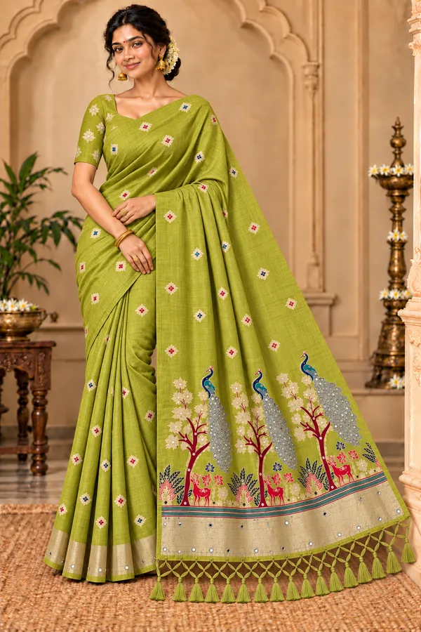 Green_Printed_Peacock_Border_Saree_For_Women