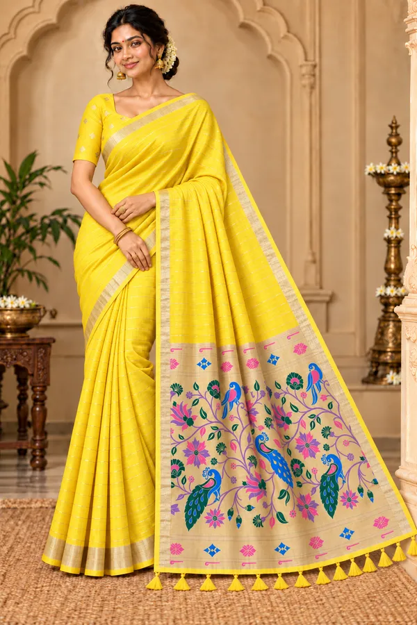 Yellow_Woven_Peacock_Print_Saree_For_Women
