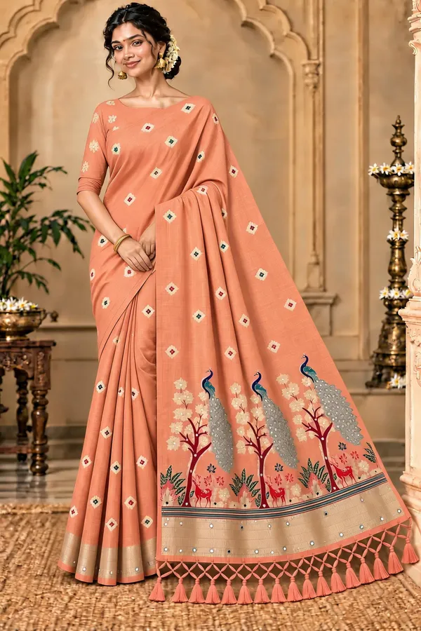 Peach_Patterned_Ethnic_Saree_For_Women