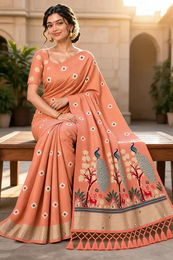 Peach_Patterned_Ethnic_Saree_For_Women
