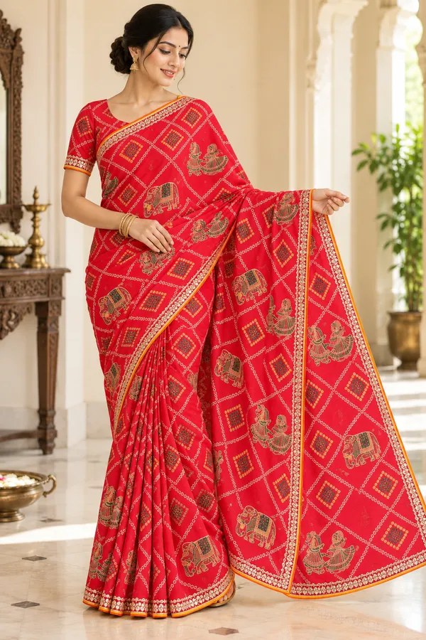 Red_Traditional_Printed_Saree_For_Women