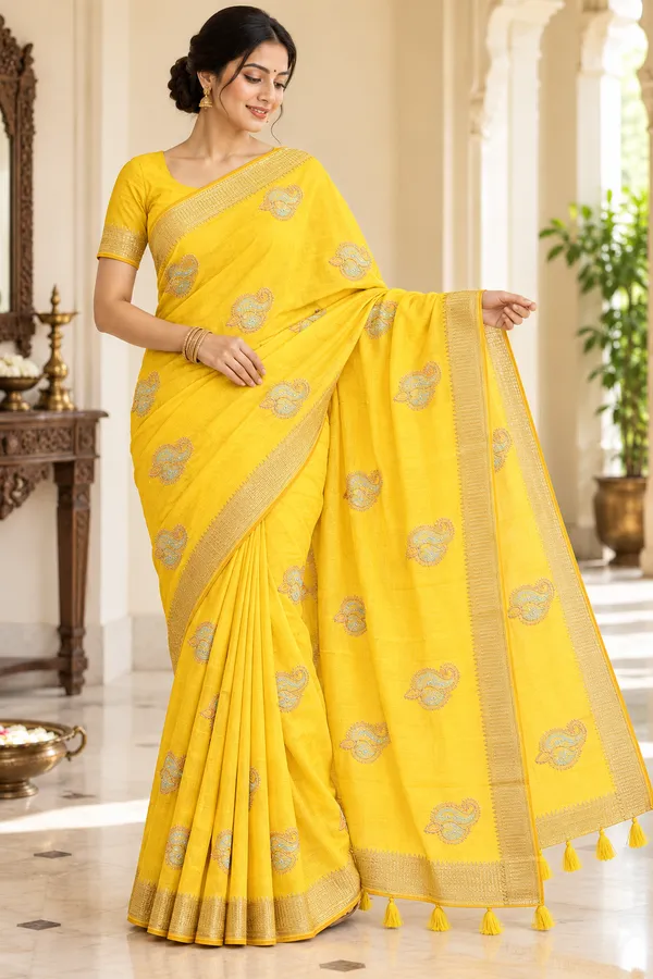 Yellow_Paisley_Print_Saree_For_Women