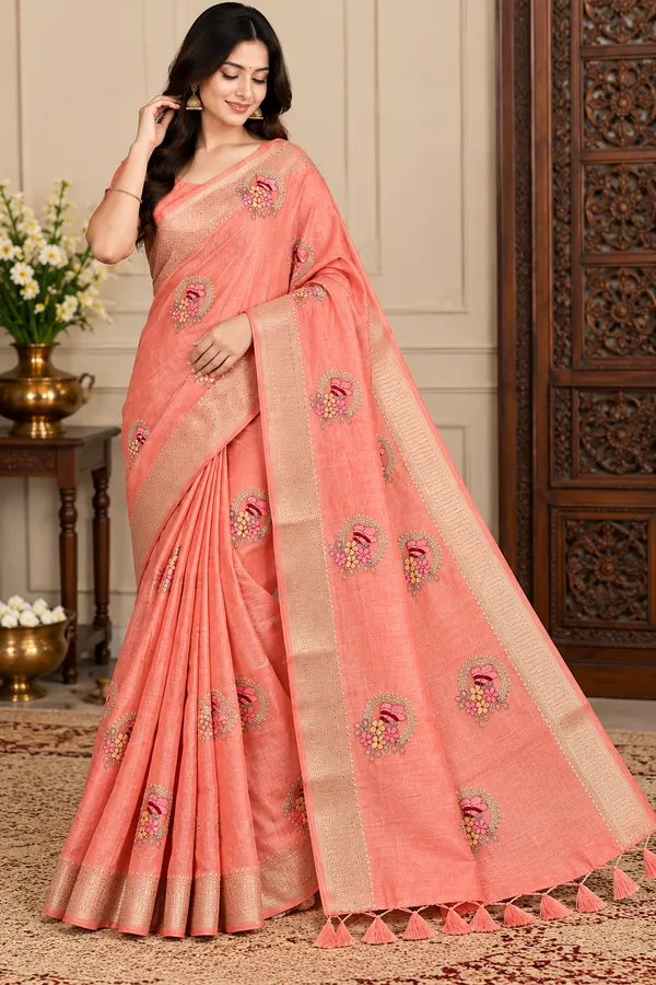 Peach_Embroidered_Saree_For_Women