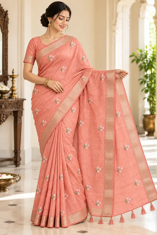 Peach_Floral_Embroidered_Saree_For_Women