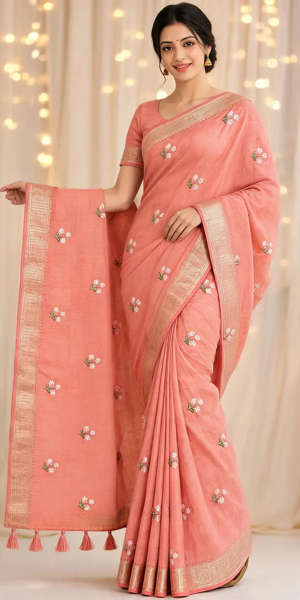 Peach_Floral_Embroidered_Saree_For_Women